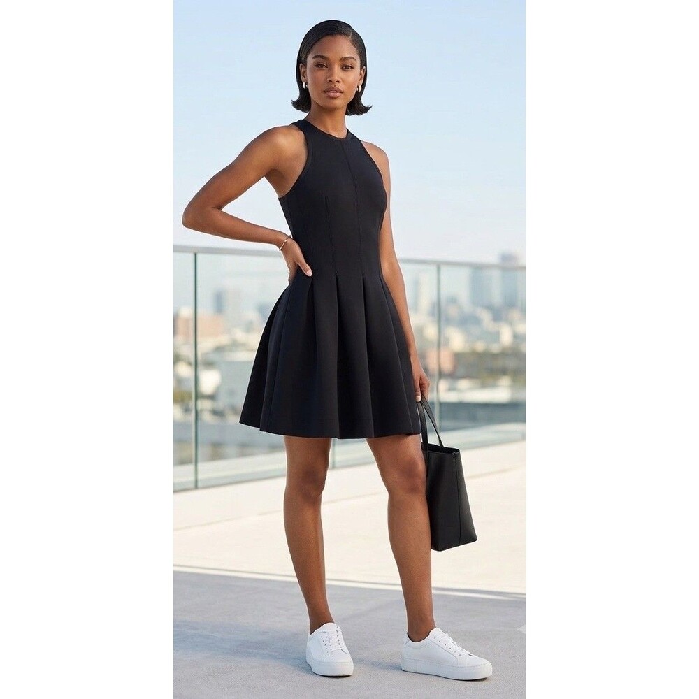 T Alexander Black Pleated Dress Scuba Neoprene Racerback Minimalist Stretch